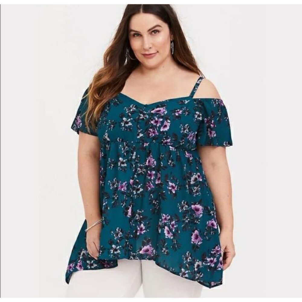 Torrid Green Floral Georgette Cold Shoulder Babydoll Top - Size 1 or US 14/16